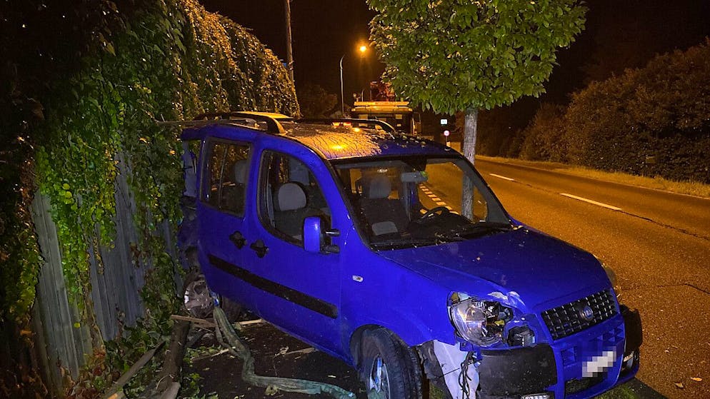 Ende einer Blaufahrt: Der Kleinwagen prallte in Boswil in zwei Bäumchen und in eine Lärmschutzwand.
