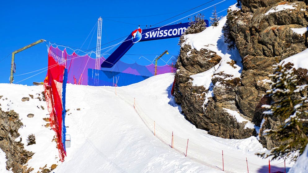 This year, for the first time, an LED billboard is stamped on the Hundschopf, probably the most spectacular part of Lauberhorn's career.  The organizers initially resisted it, recorded on Friday, January 8, 2021 in Wengen.  (KEYSTONE / Marcel Bieri)