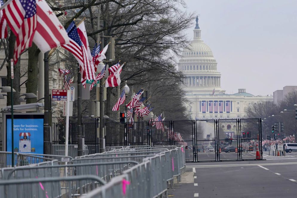A view down Pennsylvania Avenue shows the security around the Capitol Hill in Washington, Friday, Jan. 15, 2021, ahead of the inauguration of President-elect Joe Biden and Vice President-elect Kamala Harris. (AP Photo/Susan Walsh)