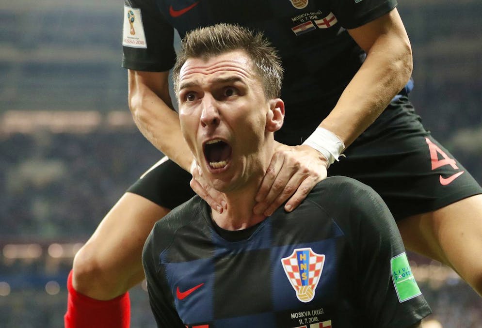 Croatia's Mario Mandzukic celebrates after scoring his side's second goal during the semifinal match between Croatia and England at the 2018 soccer World Cup in the Luzhniki Stadium in Moscow, Russia, Wednesday, July 11, 2018. (AP Photo/Frank Augstein)