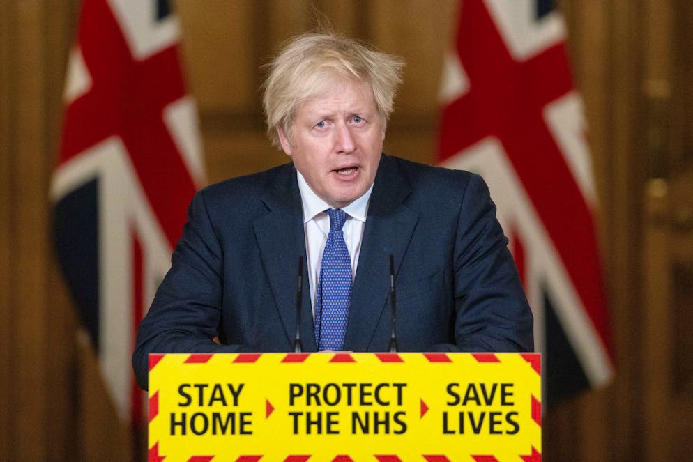 Britain's Prime Minister Boris Johnson speaks during a media briefing on COVID-19, in Downing Street, London, Friday Jan. 15, 2021. (Dominic Lipinski/Pool via AP)