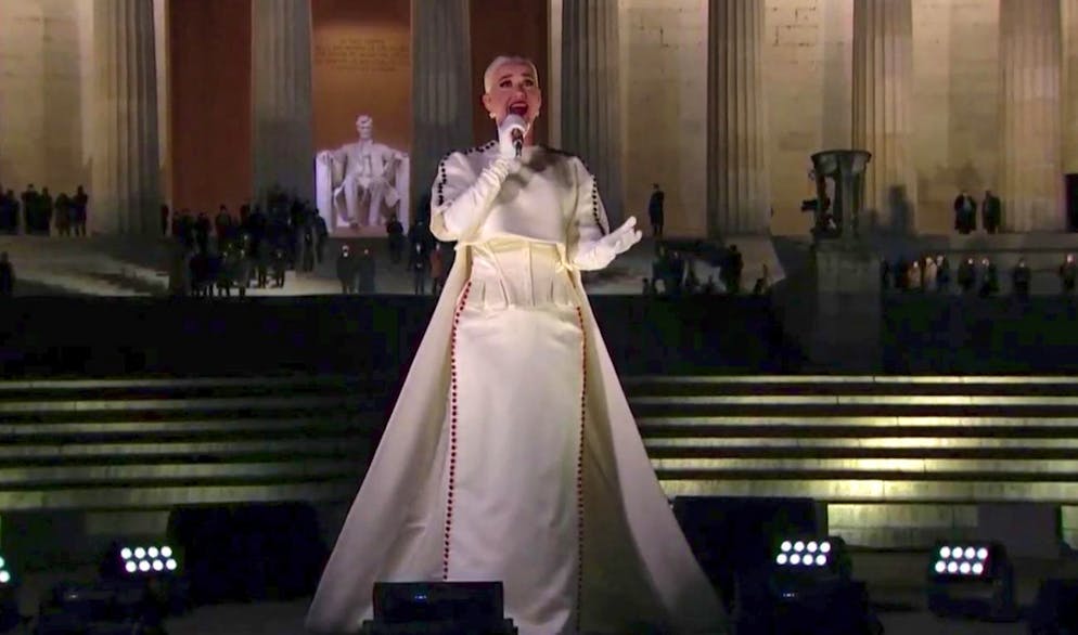 In this image from video, Katy Perry performs during the Celebrating America event on Wednesday, Jan. 20, 2021, following the inauguration of Joe Biden as the 46th president of the United States. (Biden Inaugural Committee via AP)