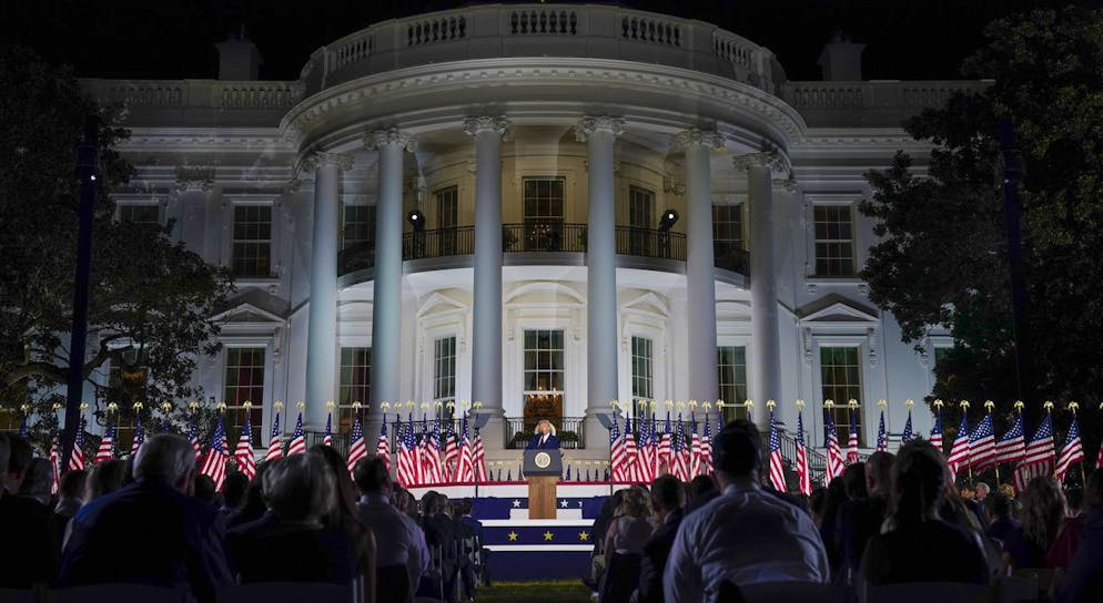 President Donald Trump speaks from the South Lawn of the White House on the fourth day of the Republican National Convention, Thursday, Aug. 27, 2020, in Washington. (AP Photo/Evan Vucci)