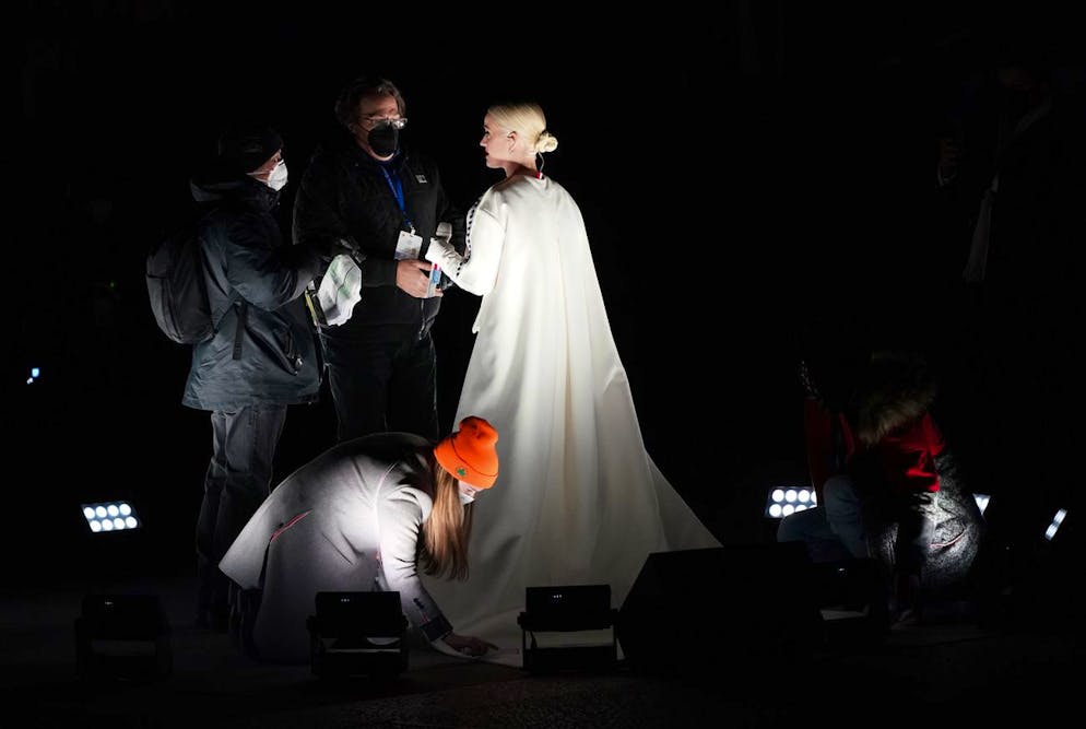 Katy Perry prepares to sing at the Lincoln Memorial in Washington, Wednesday, Jan. 20, 2021, as part of the festivities after President Joe Biden was inaugurated as the 46th President of the United States. (AP Photo/Jacquelyn Martin)