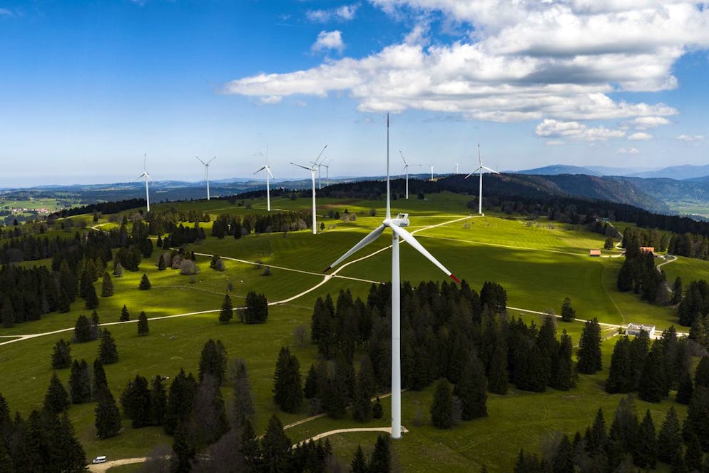 Wind turbines from the JUVENT power plant are pictured on the Mont-Croset in Saint-Imier, Switzerland on Wednesday May 10, 2017. The Swiss people will be voting on the