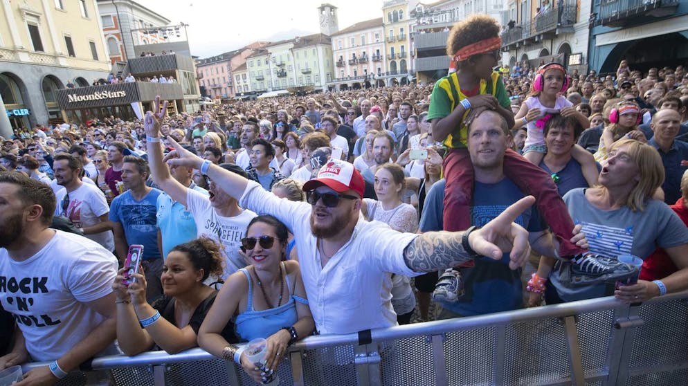 Audiences enjoy a performance by British singer Liam Gallagher during the Moon and Stars festival in Locarno, Switzerland, on Wednesday, July 17, 2019. (KEYSTONE / Ti-Press / Pablo Gianinazzi)