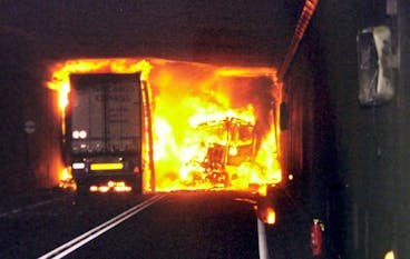 This Police handout picture shows the accident site in the Gotthard tunnel, shortly after the fire broked out, Wednesday, October 24, 2001. At least ten people were killed in a head-on truck crash and fire in a major Alpine tunnel, but officials said safety features prevented a much worse disaster. (KEYSTONE/POLICE CANTONAL TESSIN/Str) === ===