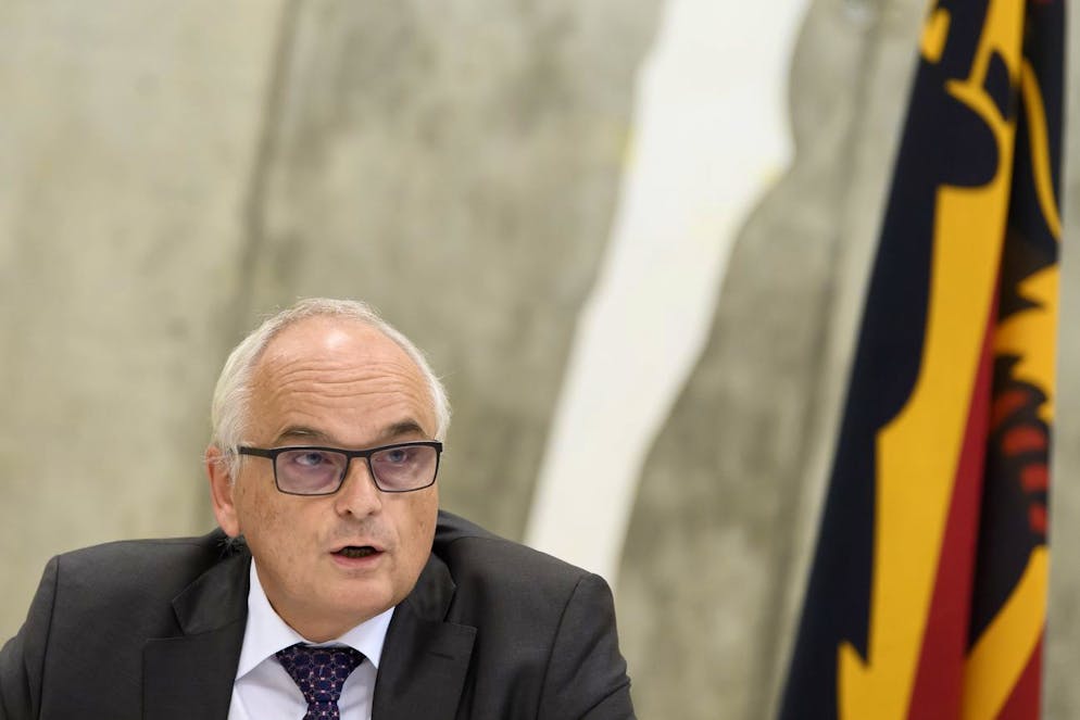 Pierre Alain Schnegg, Conseiller d'Etat du canton de Berne, president de la DAJ BE, prend la parole lors de la signature par les gouvernements Bernois et Jurassiens de la feuille de route du transfer de Moutier, ce mercredi 22 septembre 2021, a Moutier. La ville de Moutier avait choisi le Jura, lors du vote organise dimanche 28 mars 2021. (KEYSTONE/Anthony Anex)