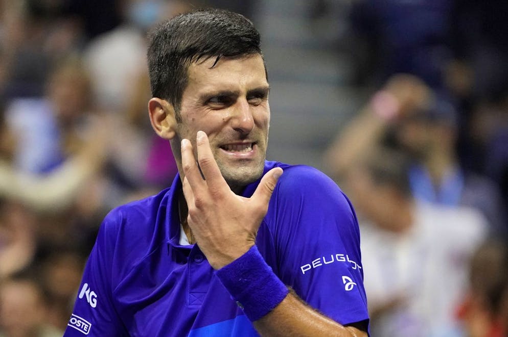 Novak Djokovic, of Serbia, reacts to his box during the semifinals of the US Open tennis championships against Alexander Zverev, of Germany, Friday, Sept. 10, 2021, in New York. (AP Photo/John Minchillo)