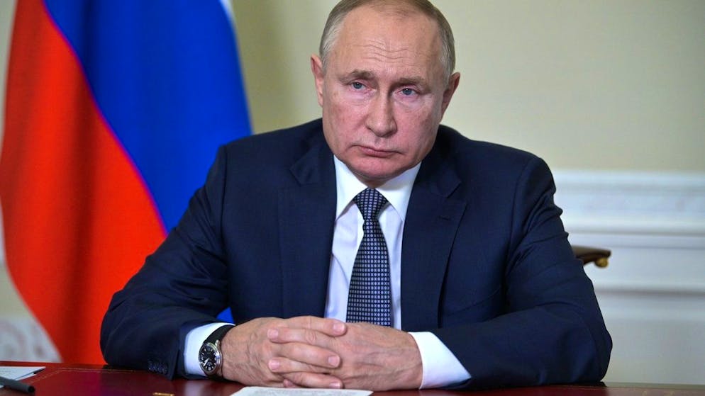 Russian President Vladimir Putin speaks via video conference at a summit of the Eurasian Economic Union where pandemic's economic effect, gas and oil markets and climate change issues in St. Petersburg, Russia, Thursday, Oct. 14, 2021. (Alexei Druzhinin, Sputnik, Kremlin Pool Photo via AP)