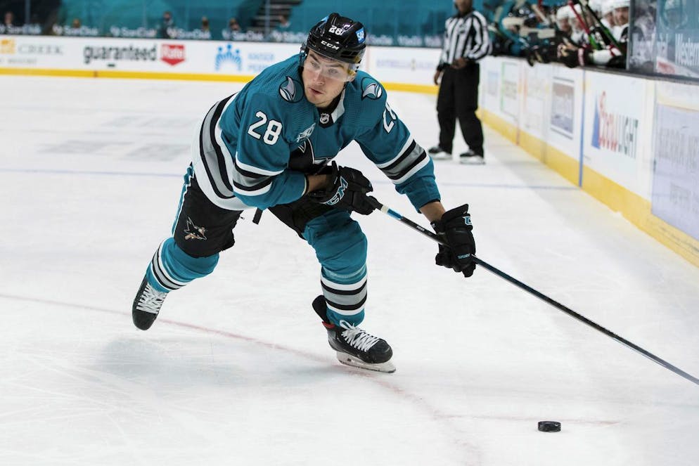 San Jose Sharks right wing Timo Meier (28) dribbles against the Arizona Coyotes during the first period of an NHL hockey game in San Jose, Calif., Saturday, May 8, 2021. (AP Photo/John Hefti)