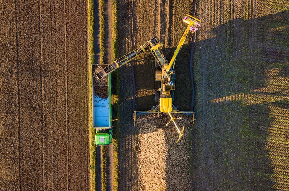 epa09512748 An aerial view taken with a drone shows an agricultural machine loading freshly harvested sugar beets onto a truck in a field in the Wetterau region, near Frankfurt am Main, Germany, 08 October 2021. The Wetterau region is known for its fertile soil to grow sugar beet, with some 400 beet farmers on 5,000 hectares of land. EPA/CONSTANTIN ZINN