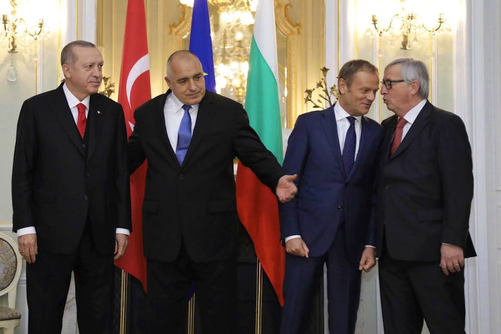 In this handout photo made available by the Bulgarian Government press office on Monday, March 26, 2018 from left, Turkish President Recep Tayyip Erdogan, Bulgarian Prime Minister Boyko Borissov, European Council President Donald Tusk and European Commission President Jean-Claude Juncker prepare for a photo, prior to a meeting at the EU Turkey summit, in Varna, Bulgaria. (Bulgarian Government Press office via AP)