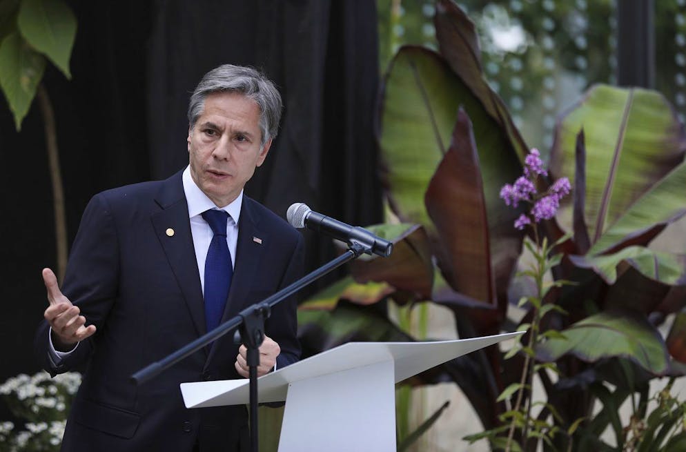 Secretary of State Antony Blinken speaks as he visits the Jose Celestino Mutis botanical garden in Bogota, Colombia, Thursday, Oct. 21, 2021. (Luisa Gonzalez/Pool via AP)