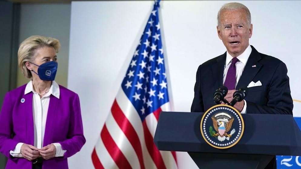President Joe Biden and European Commission president Ursula von der Leyen talk to reporters about pausing the trade war over steel and aluminum tariffs during the G20 leaders summit, Sunday, Oct. 31, 2021, in Rome. (AP Photo/Evan Vucci)
