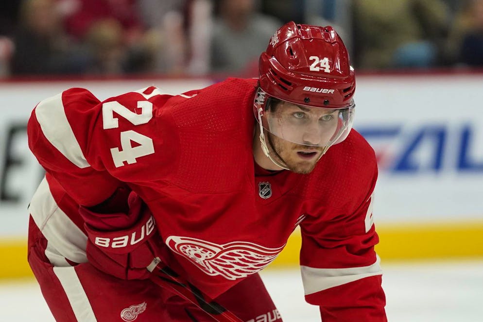 Detroit Red Wings center Pius Suter (24) plays against the Calgary Flames in the second period of an NHL hockey game Thursday, Oct. 21, 2021, in Detroit. (AP Photo/Paul Sancya)