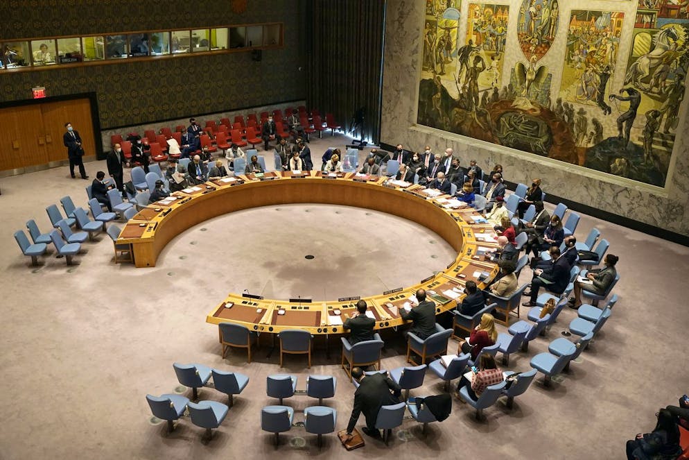 Mexico's President Andres Manuel Lopez Obrador presides at the United Nations Security Council, Tuesday, Nov. 9, 2021. (AP Photo/Richard Drew)