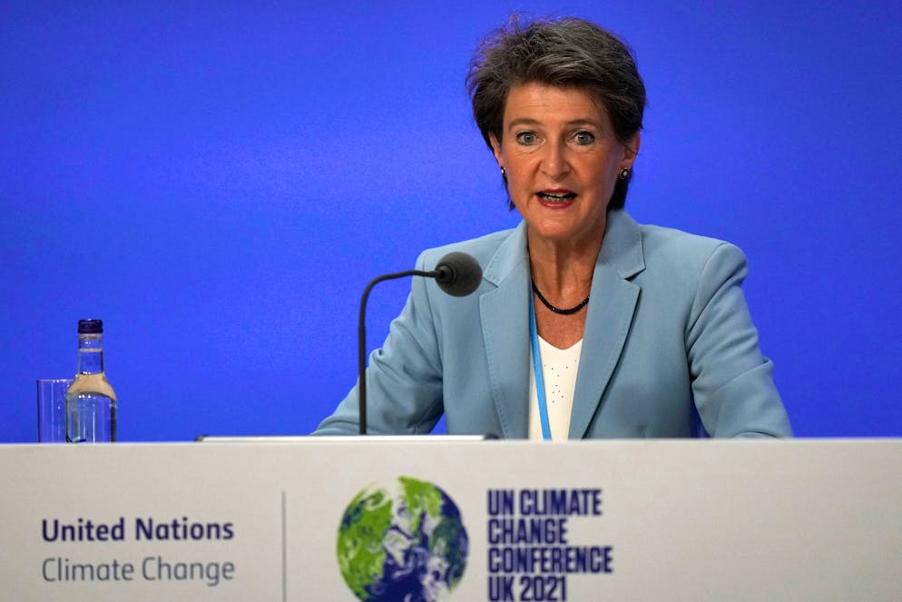 Simonetta Sommaruga, a member of the Swiss Federal Council speaks at the COP26 U.N. Climate Summit in Glasgow, Scotland, Thursday, Nov. 11, 2021. (AP Photo/Alastair Grant)