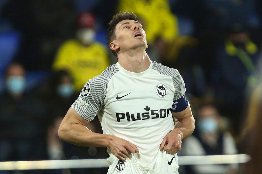 Young Boys' Christian Fassnacht reacts during a Group F Champions League soccer match between Villarreal and Young Boys at the Ceramica stadium in Villarreal, Spain, Tuesday, Nov. 2, 2021. (AP Photo/Alberto Saiz)