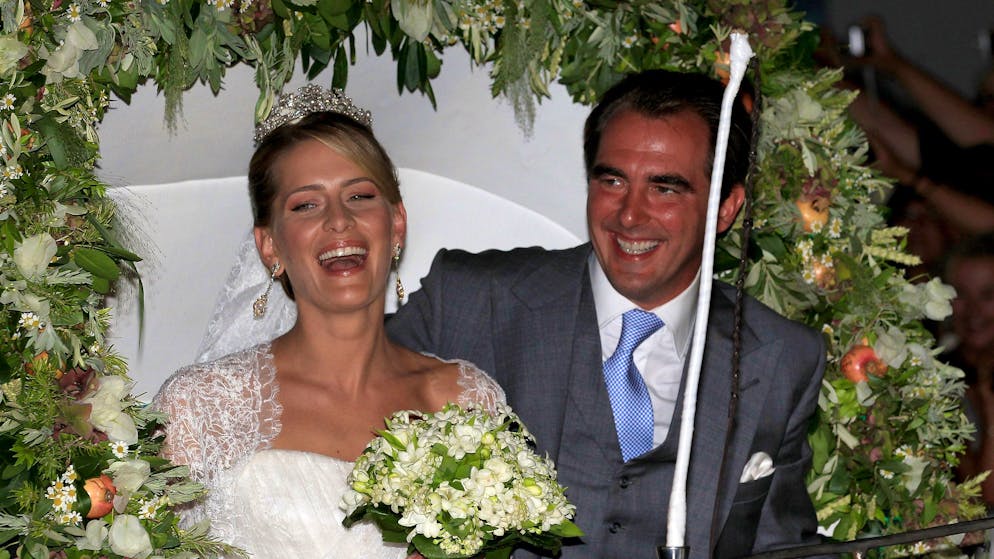 Princess Nikolaos of Greece and Denmark (Tatiana Blatnik) leave in a horse drawn carriage after getting married at the Cathedral of Ayios Nikolaos (St. Nicholas) on August 25, 2010 in Spetses, Greece. Representatives from Europe�s royal families will join the many guests who have travelled to the island to attend the wedding of Prince Nikolaos of Greece, the second son of King Constantine of Greece and Queen Anne-Marie of Greece and Tatiana Blatnik an events planner for Diane Von Furstenburg in London.