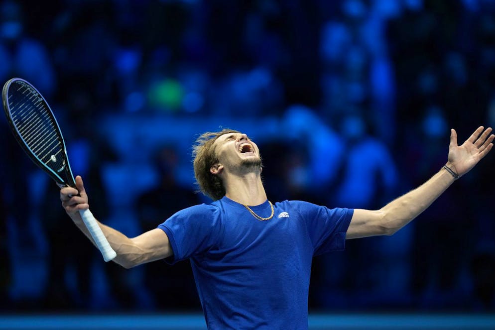 Alexander Zverev of Germany reacts after defeating Daniil Medvedev of Russia in their singles final tennis match of the ATP World Tour Finals, at the Pala Alpitour in Turin, Italy, Sunday, Nov. 21, 2021. Zverev won 6-4/6-4.(AP Photo/Luca Bruno)