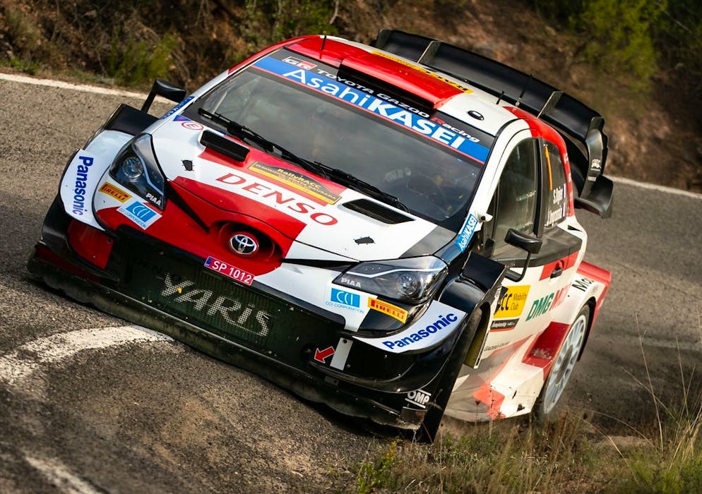 epa09525784 French driver Sebastien Ogier steers his Toyota Yaris WRC on the second day of the RallyRacc Catalunya-Spain Rally, as part of the World Rally Championship (WRC), in La Granadella, Lleida, Spain, 15 October 2021. EPA/Enric Fontcuberta