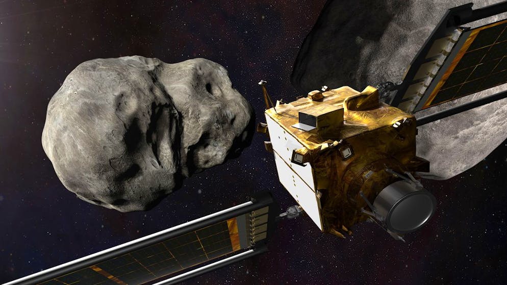 epa09599041 An undated handout picture made available by the National Aeronautics and Space Administration (NASA) shows an illustration of NASA's Double Asteroid Redirection Test (DART) spacecraft approaching the Dimorphos and Didymos asteroids (issued 23 November 2021). DART is the first mission to test technologies for preventing an impact of Earth by a hazardous asteroid. The mission is scheduled to launch at 10:21 p.m. PST on 23 November 2021 (1:21 a.m. EST on 24 November) aboard a SpaceX Falcon 9 rocket from Vandenberg Space Force Base in California, USA. According to NASA, the goal of the mission is to see if intentionally crashing a spacecraft into an asteroid is an effective way to change its course, should an Earth-threatening asteroid be discovered in the future. EPA/NASA/JOHNS HOPKINS APL HANDOUT HANDOUT EDITORIAL USE ONLY/NO SALES