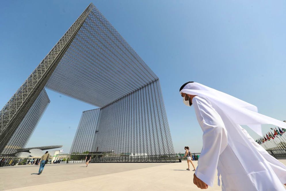 epa09499149 People visit the EXPO site during the first day of of EXPO 2020 Dubai in Gulf emirate of Dubai, United Arab Emirates on 01 October 2021. 192 countries will participate with their pavilions in EXPO 2020 Dubai, the first international Expo in the Middle East, Africa and South Asia (MEASA) region, which will take place from 01 October 2021 to 31 March 2022. EPA/ALI HAIDER