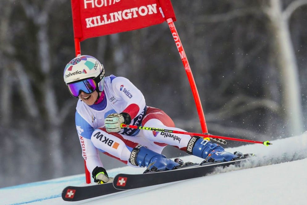 Switzerland's Aline Danioth competes during an alpine ski, women's World Cup giant slalom in Killington, Vt., Saturday, Nov. 30, 2019. (AP Photo/Charles Krupa)