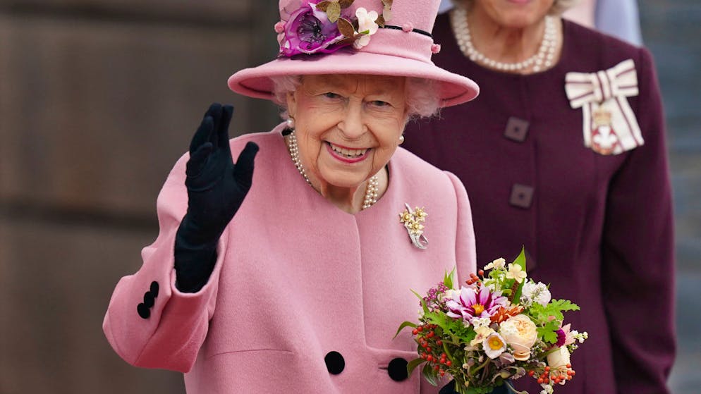 Britain's Queen Elizabeth II leaves after the opening ceremony of the sixth session of the Senedd in Cardiff, Wales, Thursday Oct. 14, 2021. (Jacob King/PA via AP)