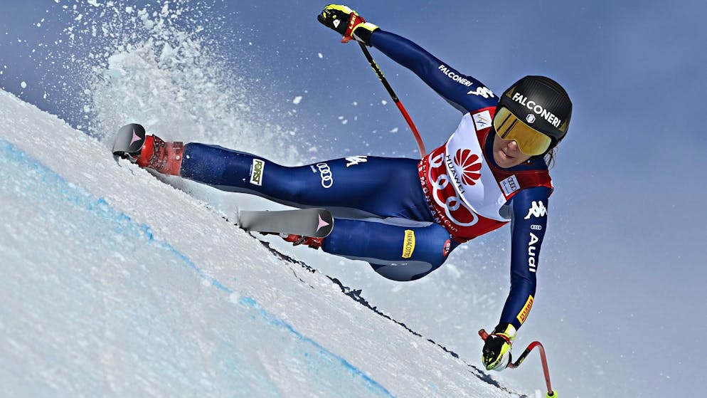 CRANS MONTANA, SWITZERLAND - JANUARY 22: Sofia Goggia of Italy takes 1st place during the Audi FIS Alpine Ski World Cup Women's Downhill on January 22, 2021 in Crans Montana Switzerland. (Photo by Alain Grosclaude/Agence Zoom/Getty Images)