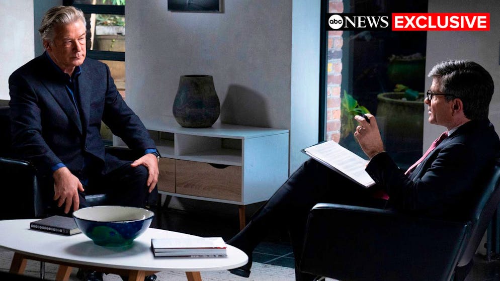 This image released by ABC News shows actor-producer Alec Baldwin, left, during an interview with “Good Morning America” co-anchor George Stephanopoulos. The hour-long interview about the fatal shooting on the set of Baldwin's film “Rust,” will air Thursday, Dec. 2 at 9 p.m. EST on ABC. (Jeffrey Neira/ABC News via AP)