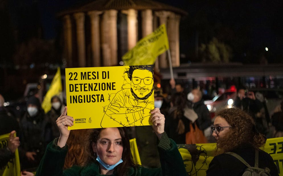 Un momento durante una manifestazione a Roma per il rilascio di Patrick Zaki.