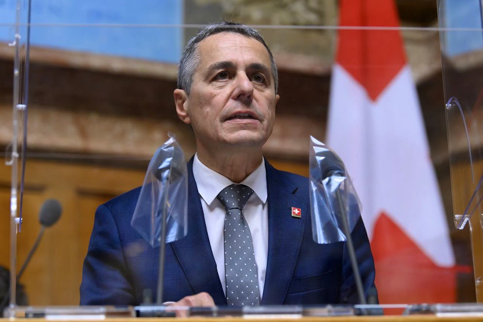 Bundesrat Ignazio Cassis spricht waehrend der Herbstsession der Eidgenoessischen Raete, am Donnerstag, 30. September 2021 im Nationalrat in Bern. (KEYSTONE/Anthony Anex)