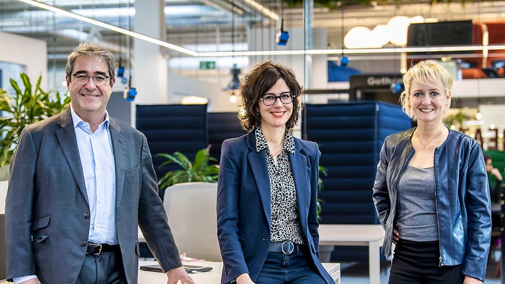 Les trois candidats PLR au Conseil d'Etat vaudois, Frédéric Borloz, Christelle Luisier et Isabelle Moret (de gauche à droite), feront liste commune avec l'UDC et le Centre (archives).