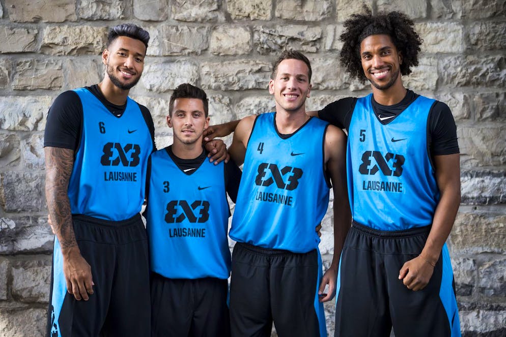De gauche a droite, Westher Molteni, Gilles Martin, Marco Lehmann, et Badara Top les membres du Team Lausanne, representant l'equipe nationale suisse de Basketball 3x3.