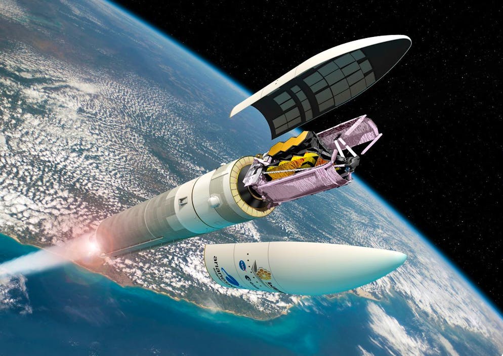 Un fichier photo non daté mis à disposition par l'Agence spatiale européenne (ESA) montre une vue d'artiste du télescope spatial James Webb (JWST), replié dans la fusée Ariane 5 lors du lancement de l'Europe's Spaceport en Guyane française.