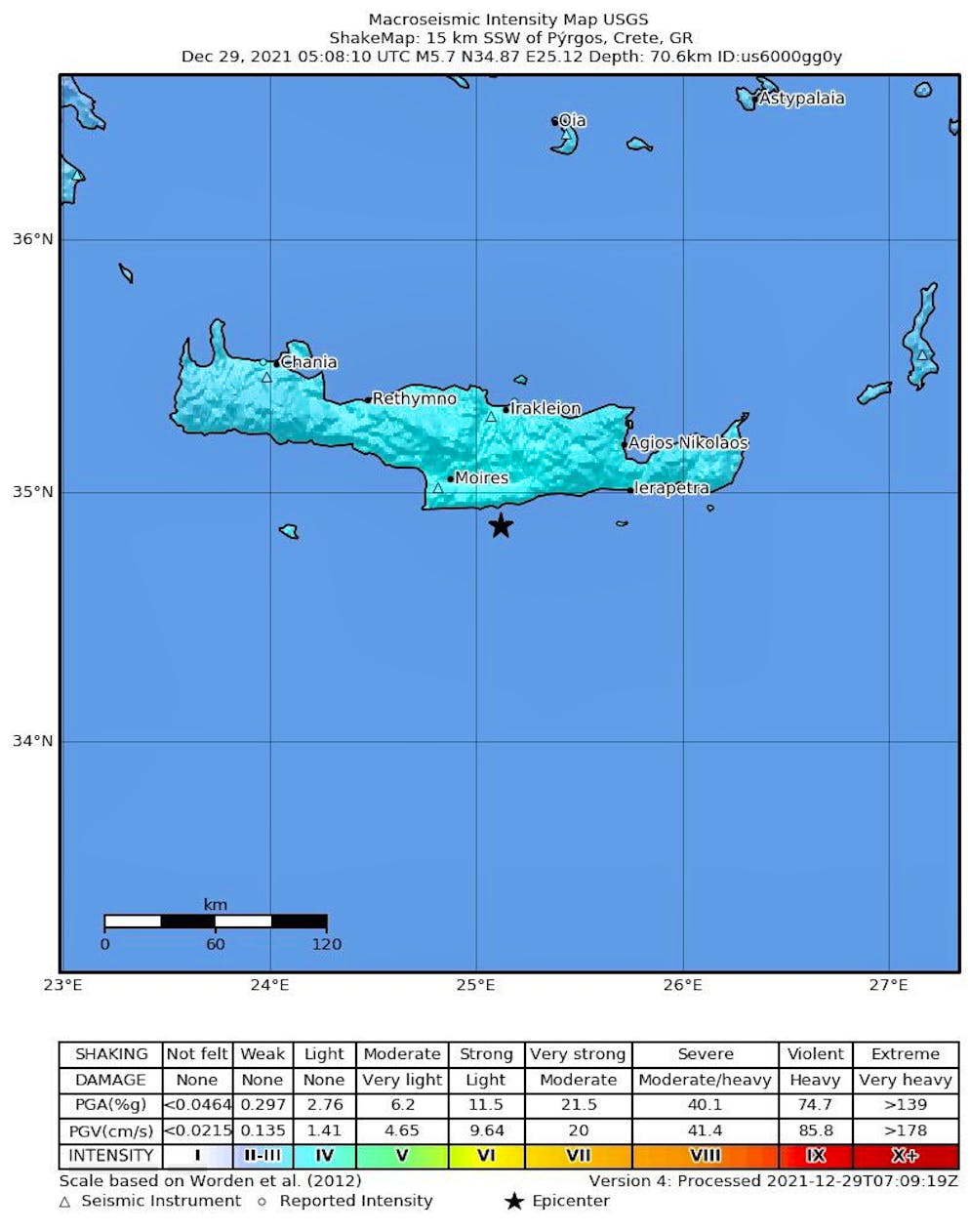 epa09659276 A handout shakemap made available by the United States Geological Survey (USGS) shows the location of a 5.7-magnitude earthquake in Crete, Greece, 29 December 2021. Egyptian authorities reported the earthquake was felt in some of the countryâ€™s cities.  EPA/USGS HANDOUT  HANDOUT EDITORIAL USE ONLY/NO SALES