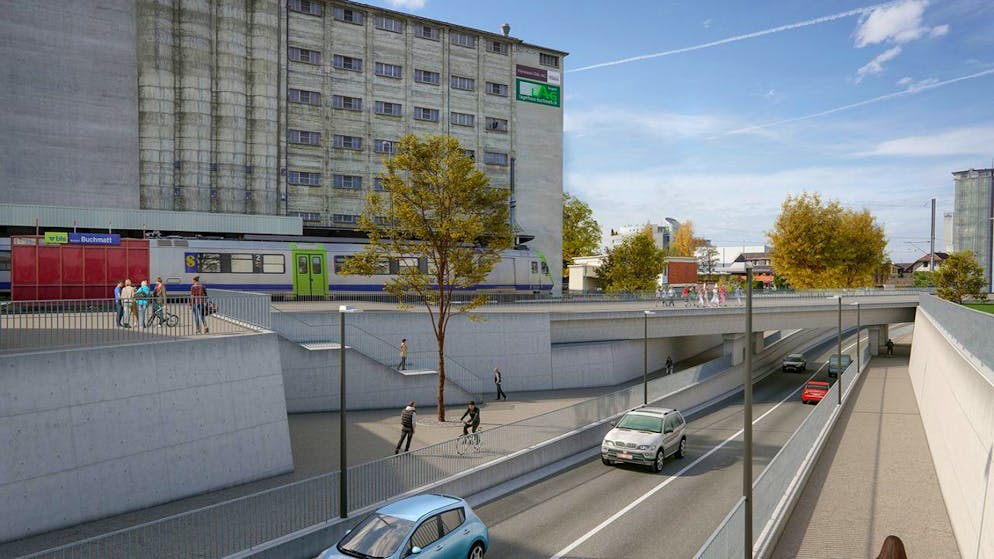 In der Burgdorfer Buchmatt, wo heute Autofahrer oft vor geschlossenen Bahnschranken warten, soll künftig die Strasse unter der Bahn hindurch führen.