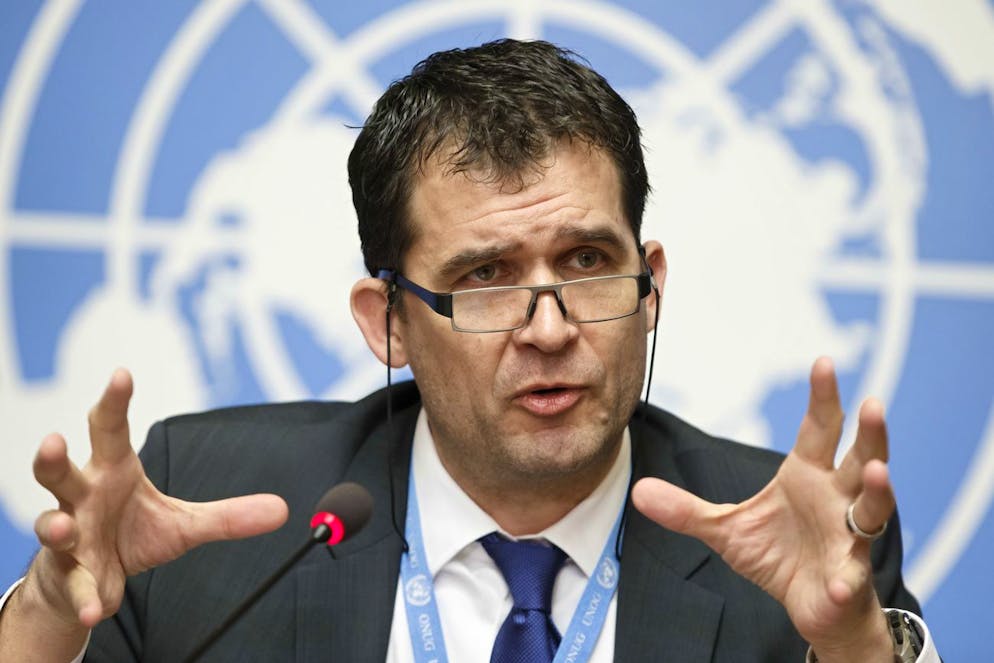 Switzerland's Nils Melzer, UN Special Rapporteur on Torture, informs to the media after the presentation on torture's report at the 40th session of the Human Rights Council, during a press conference, at the European headquarters of the United Nations in Geneva, Switzerland, Friday, March 1, 2019. (KEYSTONE/Salvatore Di Nolfi)