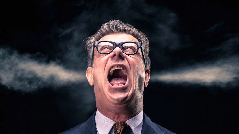 A stressed and upset businessman with grunge glasses is shouting while two steam jets go out from his ears.