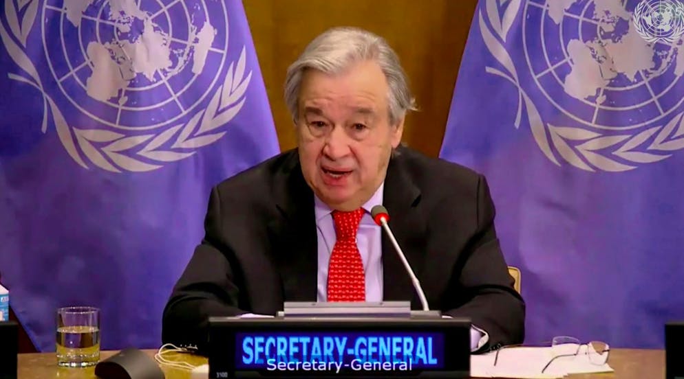 Antonio Guterres, Generalsekretär der Vereinten Nationen, spricht während einer Videokonferenz mit Mitgliedern des UN-Sicherheitsrats, anlässlich der Corona-Pandemie.