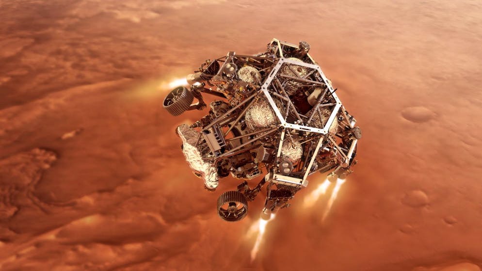 epa08995459 An undated handout picture made available by the National Aeronautics and Space Administration (NASA)'s Jet Propulsion Laboratory (JPL) in Southern California, USA shows an illustration of NASA's Perseverance rover firing up its descent stage engines as it nears the Martian surface (issued 08 February 2021). This phase of its entry, descent and landing sequence (or EDL), is known as 'powered descent'. Hundreds of critical events must execute perfectly and exactly on time for the rover to land safely on 18 February 2021 on Mars. NASA's Jet Propulsion Laboratory in Southern California built and will manage operations of the Mars 2020 Perseverance rover for NASA. Perseverance is on a mission to seek signs of ancient life and collect samples of rock and regolith (broken rock and soil) for possible return to Earth. EPA/NASA/JPL-Caltech HANDOUT HANDOUT EDITORIAL USE ONLY/NO SALES