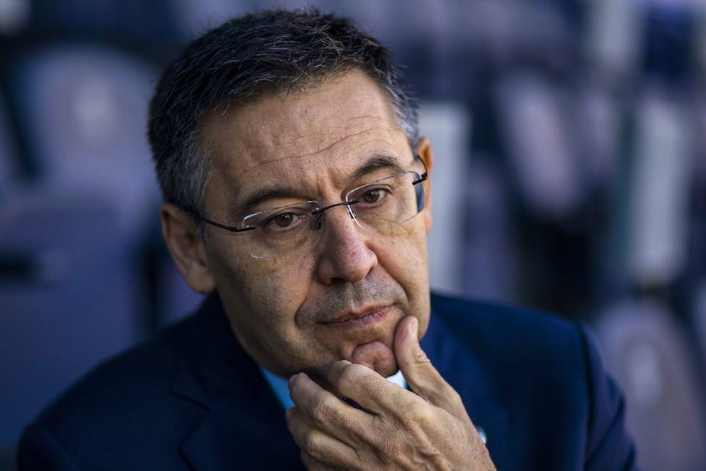 In this Friday, Nov. 8, 2019, photo, President of FC Barcelona Josep Bartomeu pauses during and interview with the Associated Press at the Camp Nou stadium in Barcelona, Spain. Bartomeu told The Associated Press on Friday that