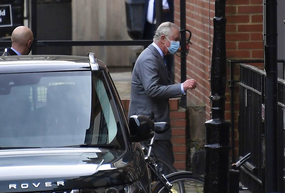 Britain's Prince Charles arrives at the King Edward VII's hospital in London, Saturday Feb. 20, 2021, to visit his father Prince Philip. Buckingham Palace said the husband of Queen Elizabeth II, 99-year-old Prince Philip was admitted to the private King Edward VII Hospital on Tuesday evening after feeling unwell.(AP Photo/Alberto Pezzali)