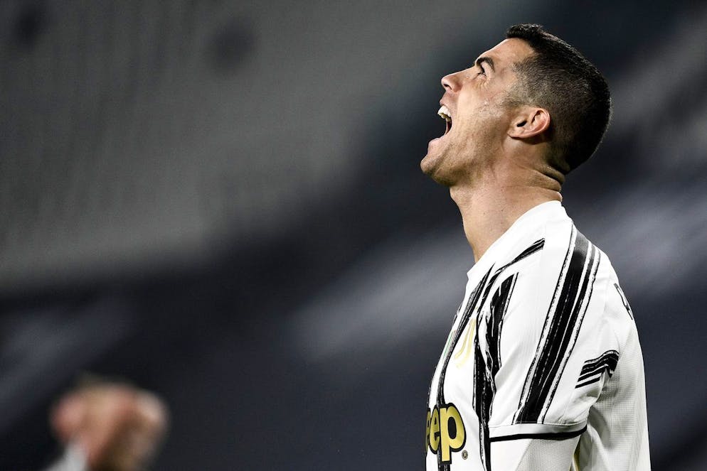 Juventus' Cristiano Ronaldo rues a missed chance on goal during the Serie A soccer match between Juventus and Crotone, at the Allianz Stadium in Turin, Italy, Monday, Feb. 22, 2021. (Marco Alpozzi/LaPresse via AP)