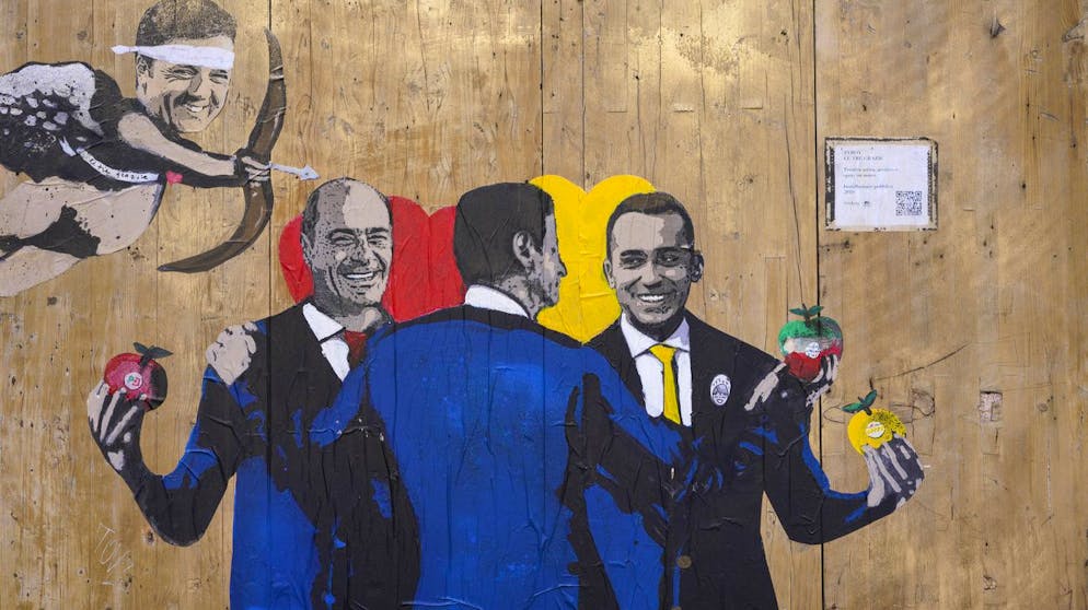 Ein Graffiti in Rom im September 2019: (von links oben) Viva-Italia-Boss Matteo Renzi, DP-Chef Nicola Zingaretti, Premier Giuseppe Conte und Luigi Di Maio von der Fünf-Sterne-Bewegung.