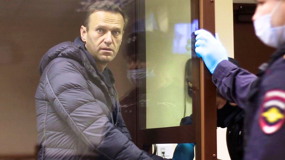 HANDOUT - In diesem Auszug aus einem vom Bezirksgericht Babuskinsky zur Verfügung gestellten Video steht der russische Oppositionsführer Alexej Nawalny während einer Anhörung im Bezirksgericht Babuskinsky in Moskau in einem Glaskasten. Foto: -/Babuskinsky District Court/AP/dpa