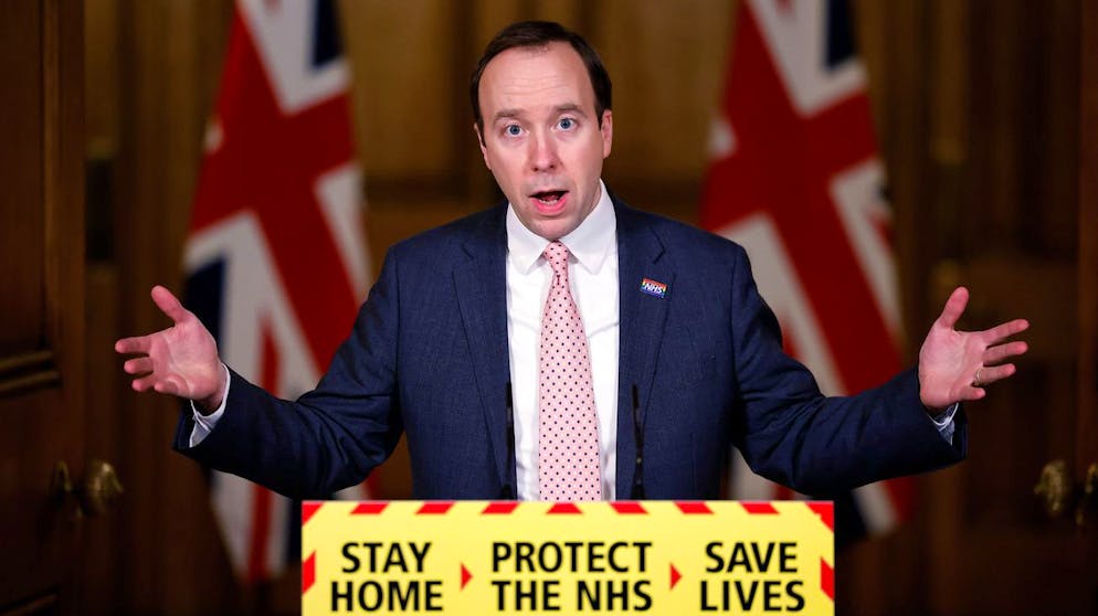 Britain's Health Secretary Matt Hancock speaks during a virtual press conference inside 10 Downing Street in central London, Monday, Feb. 8, 2021, to give an update on the coronavirus covid-19 pandemic. (Tolga Akmen/Pool photo via AP)