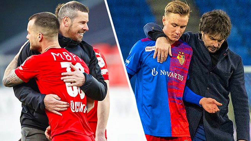 Trainer Mario Frick (links) ist mit dem FC Vaduz noch Tabellenletzter. Aber die Liechtensteiner sind im Hoch. Ganz im Gegensatz zum FC Basel mit Ciriaco Sforza (rechts).